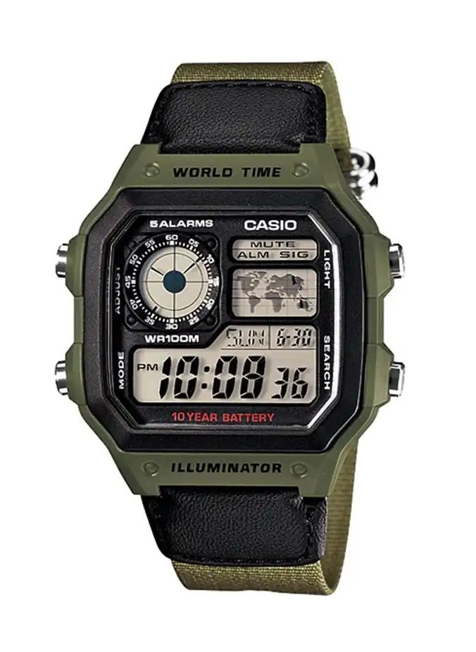 Casio Men's Watch - AE-1200WHB-3BVDF Grey Dial,World Time Green Cloth Band Digital Men Watch