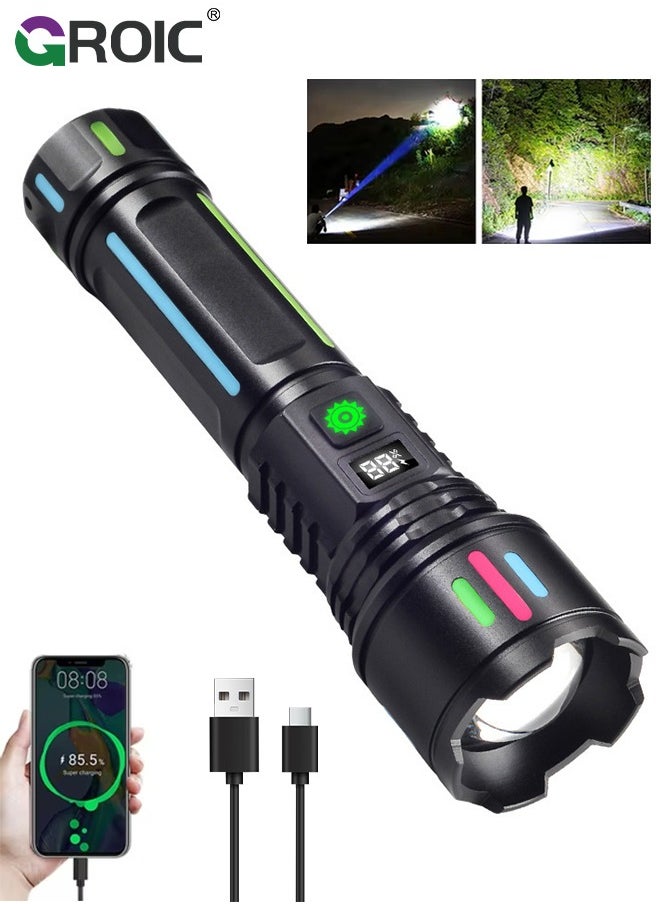 Flashlights Rechargeable High Lumens, 1800 mAH Super Bright Flashlight, Adjustable Tactical Flashlight Waterproof Handheld Flash Light LED Flashlight for Emergencies, Camping, Hiking