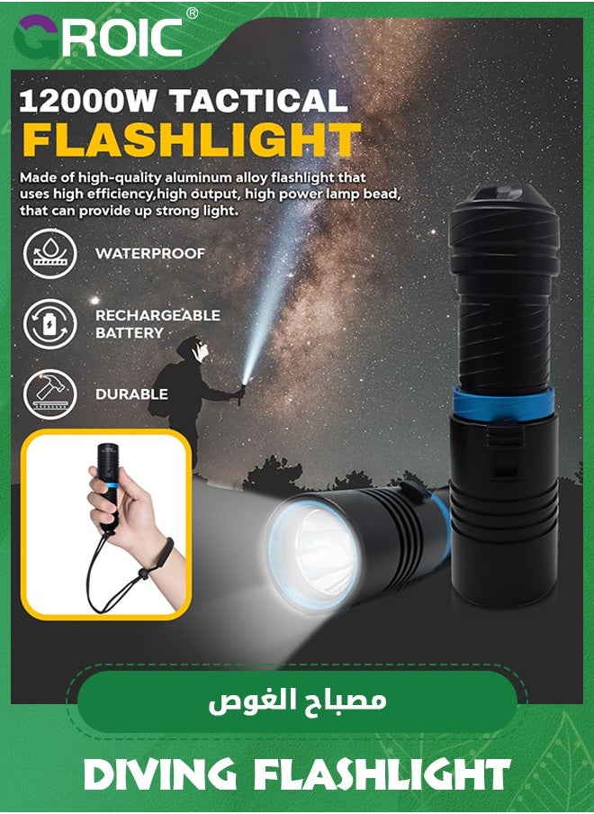 Dive Flashlight Scuba Diving Flashlight 5000LM, IPX8 Waterproof Flashlight, Underwater Lights with Power Indicator, Snorkeling Light with Rechargeable Battery for Night Diving