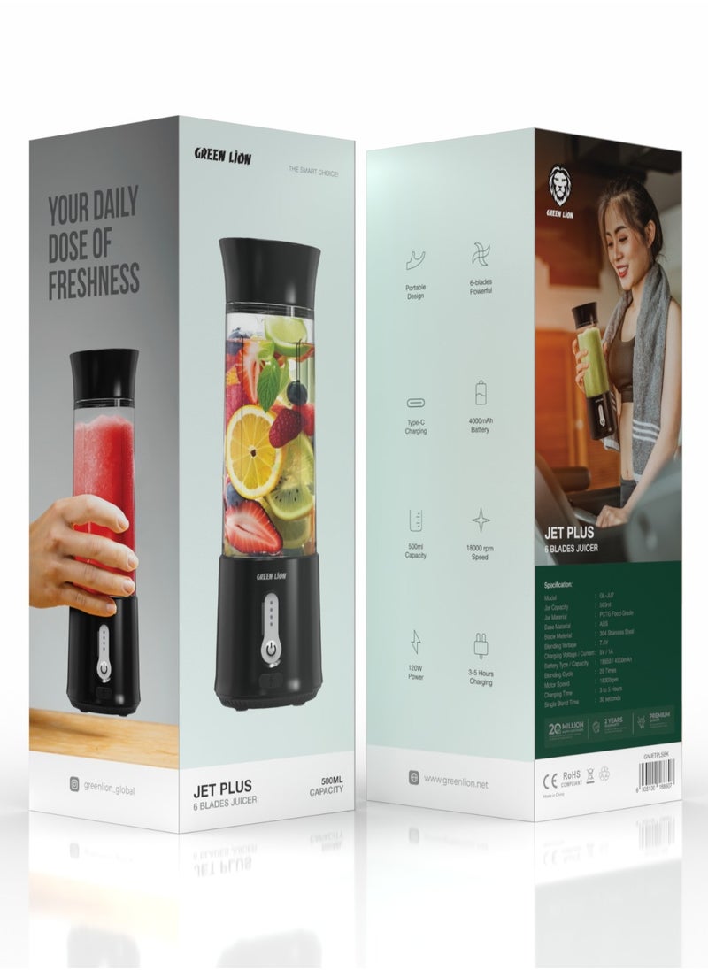 JET PLUS 6 Bladed Juicer 120W / 18000rpm Powerful Motor / High Speed / 500ml Jar Capacity / 304 Stainless Steel Blade / 2000mAh Battery / 20 Times Blending Cycle / 30 seconds Single Blend Time / juice Maker / Mixer/ Camping Blender / Gym / Home / Outdoor / Office / Baby Food Maker - Black