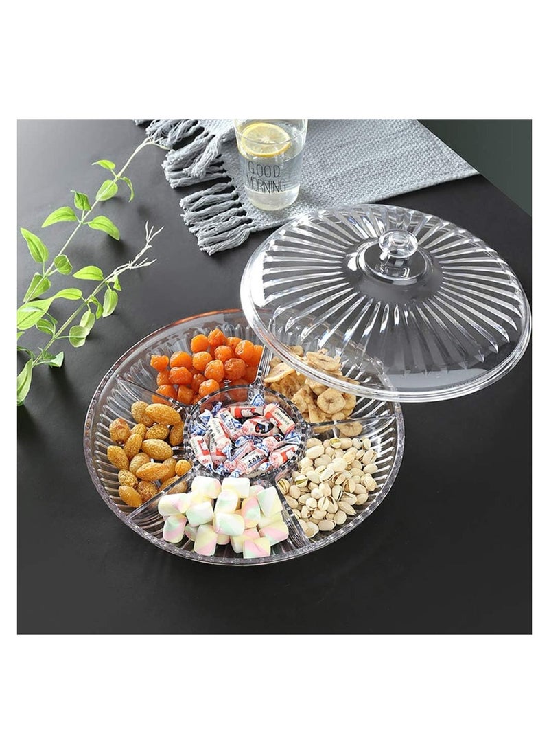 12.6-Inch Six Sectional Snack Serving Tray Set, Acrylic Candy and Nut Serving Container with Lid, Fruit Platter, for Appetizers Cheese ers Meat