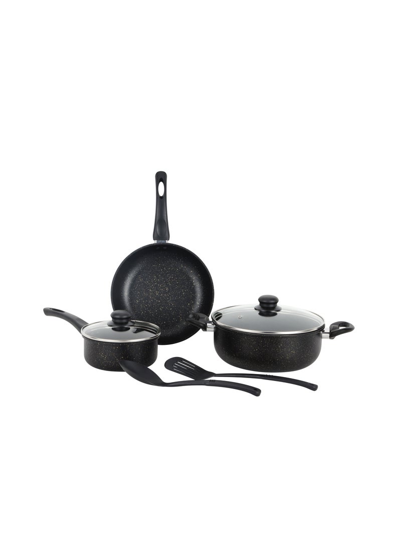 Royalford Elite 7-Piece Forged Aluminum Cookware Set- RF12622/ Durable Nonstick Granite Coating with 5-Layer Construction, CD Bottom and Glass Lid/ Includes Casserole, Saucepan, Fry Pan, Nylon Kitchen Tools, PFOA-Free Black