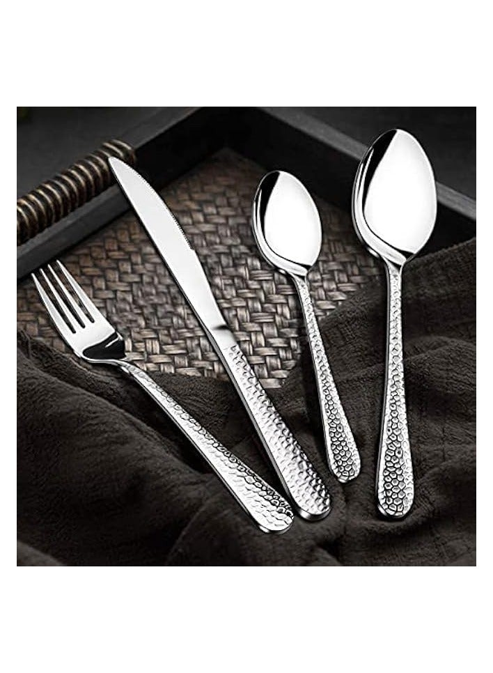 Cutlery Set, Stainless Steel Flatware Silverware Set, Hammered Design Knife Fork Spoon Set for Home, Camping, Party, Healthy And Durable, Dishwasher Safe, Mirror Polish