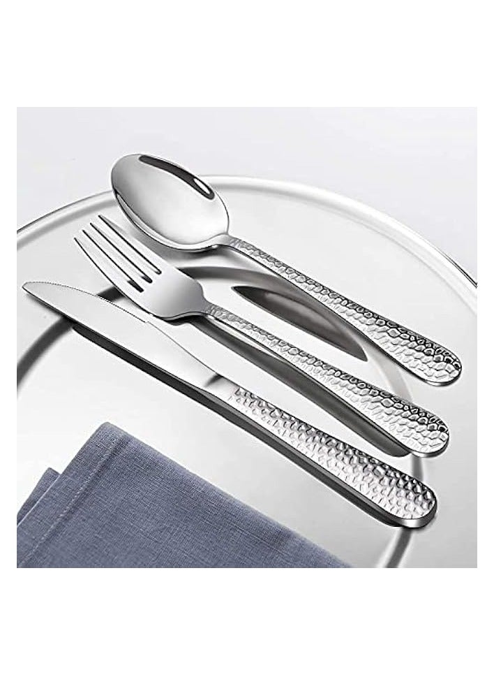 Cutlery Set, Stainless Steel Flatware Silverware Set, Hammered Design Knife Fork Spoon Set for Home, Camping, Party, Healthy And Durable, Dishwasher Safe, Mirror Polish