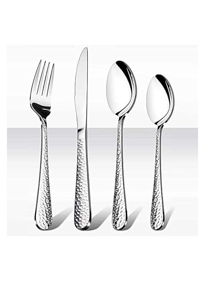 Cutlery Set, Stainless Steel Flatware Silverware Set, Hammered Design Knife Fork Spoon Set for Home, Camping, Party, Healthy And Durable, Dishwasher Safe, Mirror Polish