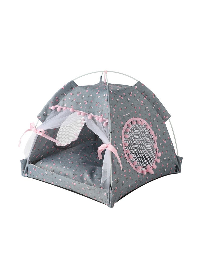 Cat Bed Tent Dog House Indoor and Outdoor Lace Mesh Breathable Window Door Curtain Removable Portable Nest Tent House (Small Gray)