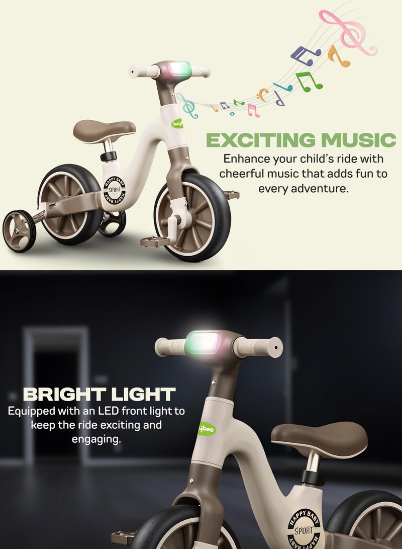 2 in 1 Convertible Baby Tricycle for Kids Smart Baby Balance Bike Kids Tricycle Cycle with Light Music Foldable Auxilary Wheels Kids Tricycle Bicycle Baby Cycle for Kids 2 to 5 Years Brown