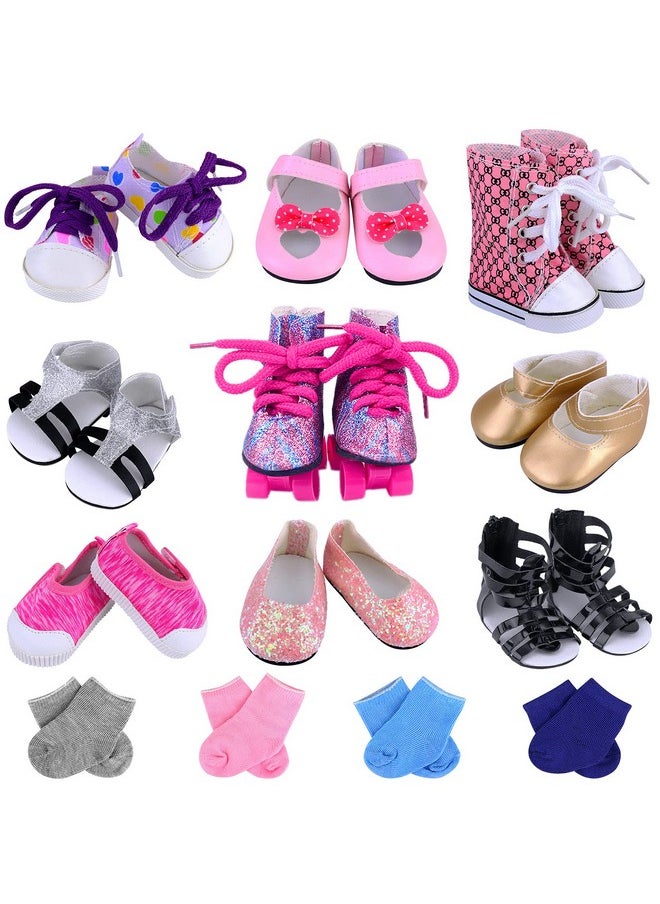 18 Inch Girl Doll Accessories Includes 9 Pairs Of Shoes And 4 Pairs Of Socks Fit For 18 Inch Girl Doll Sandals Casual Shoes Canvas Shoes Roller Skates Ect