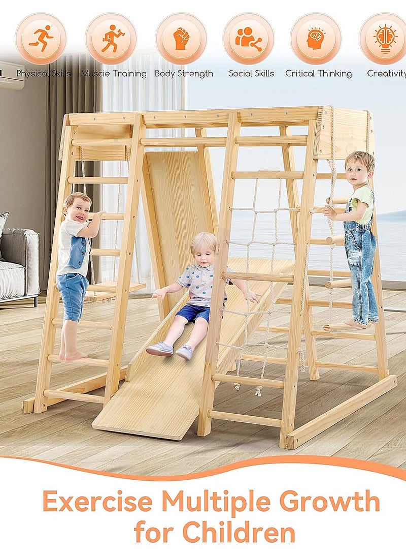 Indoor Jungle Gym, 7 Functions Wooden Baby Toddler Climbing Toys Montessori Climber Playset for Kids with Slide, Climbing Rock, Climbing Net, Monkey Bars, Crawing Ladder, Rope Ladder and Swing