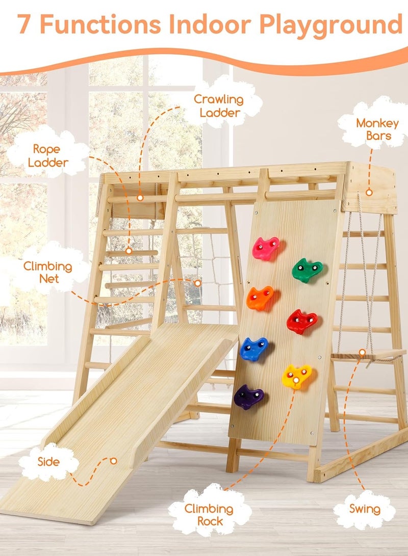 Indoor Jungle Gym, 7 Functions Wooden Baby Toddler Climbing Toys Montessori Climber Playset for Kids with Slide, Climbing Rock, Climbing Net, Monkey Bars, Crawing Ladder, Rope Ladder and Swing
