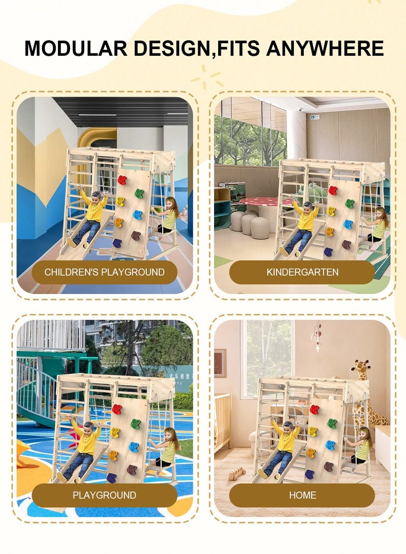 Indoor Jungle Gym, 7 Functions Wooden Baby Toddler Climbing Toys Montessori Climber Playset for Kids with Slide, Climbing Rock, Climbing Net, Monkey Bars, Crawing Ladder, Rope Ladder and Swing