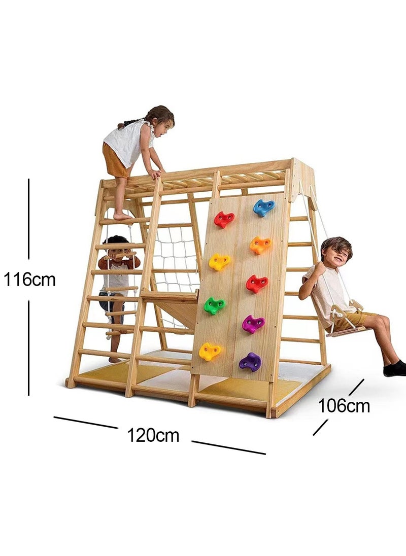 Indoor Jungle Gym, 7 Functions Wooden Baby Toddler Climbing Toys Montessori Climber Playset for Kids with Slide, Climbing Rock, Climbing Net, Monkey Bars, Crawing Ladder, Rope Ladder and Swing