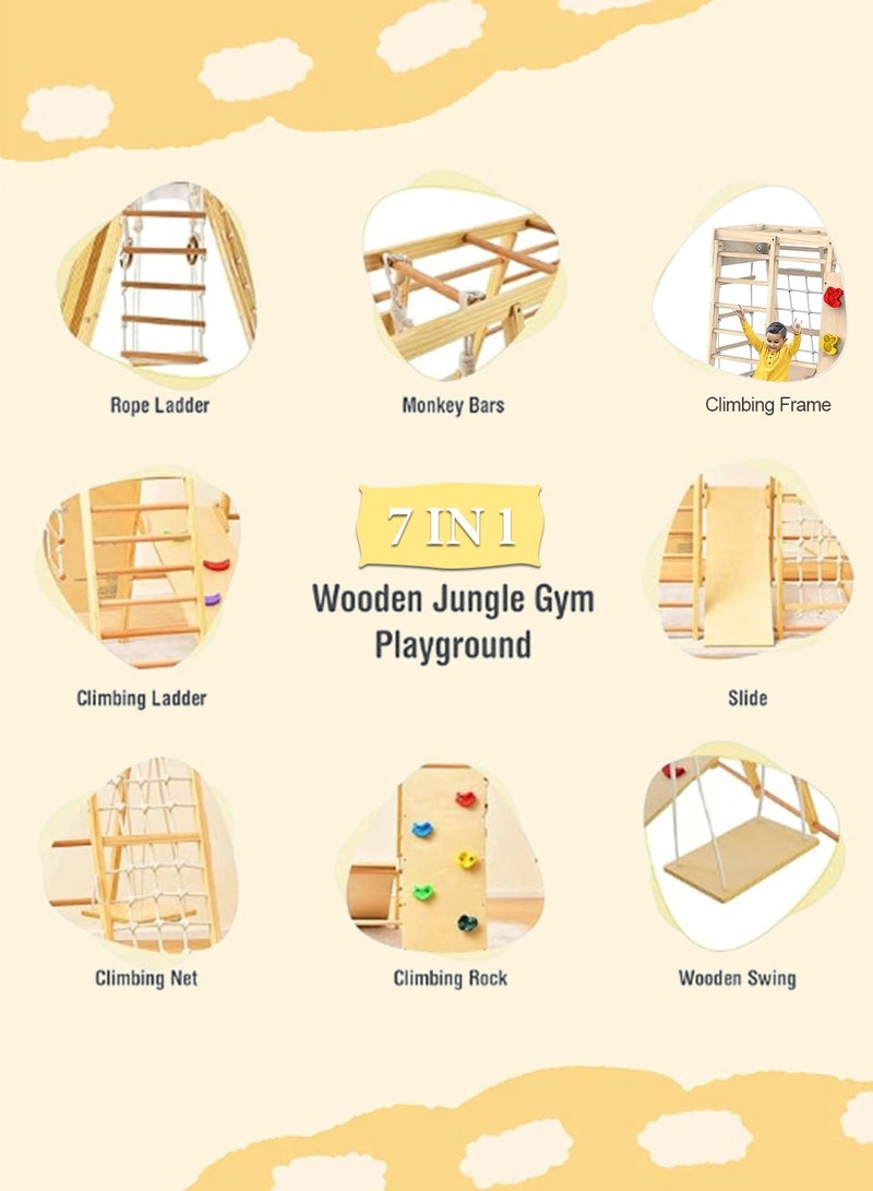Indoor Jungle Gym, 7 Functions Wooden Baby Toddler Climbing Toys Montessori Climber Playset for Kids with Slide, Climbing Rock, Climbing Net, Monkey Bars, Crawing Ladder, Rope Ladder and Swing