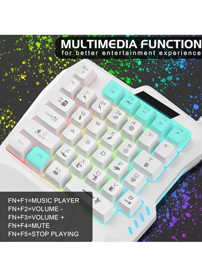 One Handed Gaming Keyboard, Small Gaming Keyboard with Ergonomic Palm Rest, Mini Gaming Keypad, 35 Keys One-hand Wired Gaming Keypad Membrane Keyboard with LED for Gamer (White)