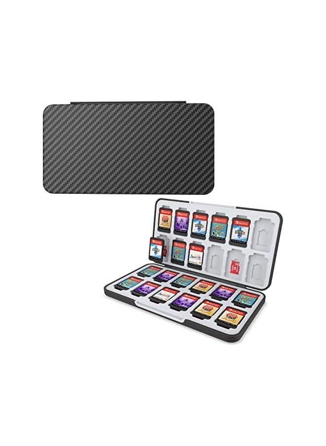 Game Card Case for Nintendo Switch OLED Game Card Micro SD Memory Cards with 24 Game Card Slots and 24 Micro SD Card Slots,Carbon Fibre Surface Shell Silicone Lining Portable Cartridge Storage Box