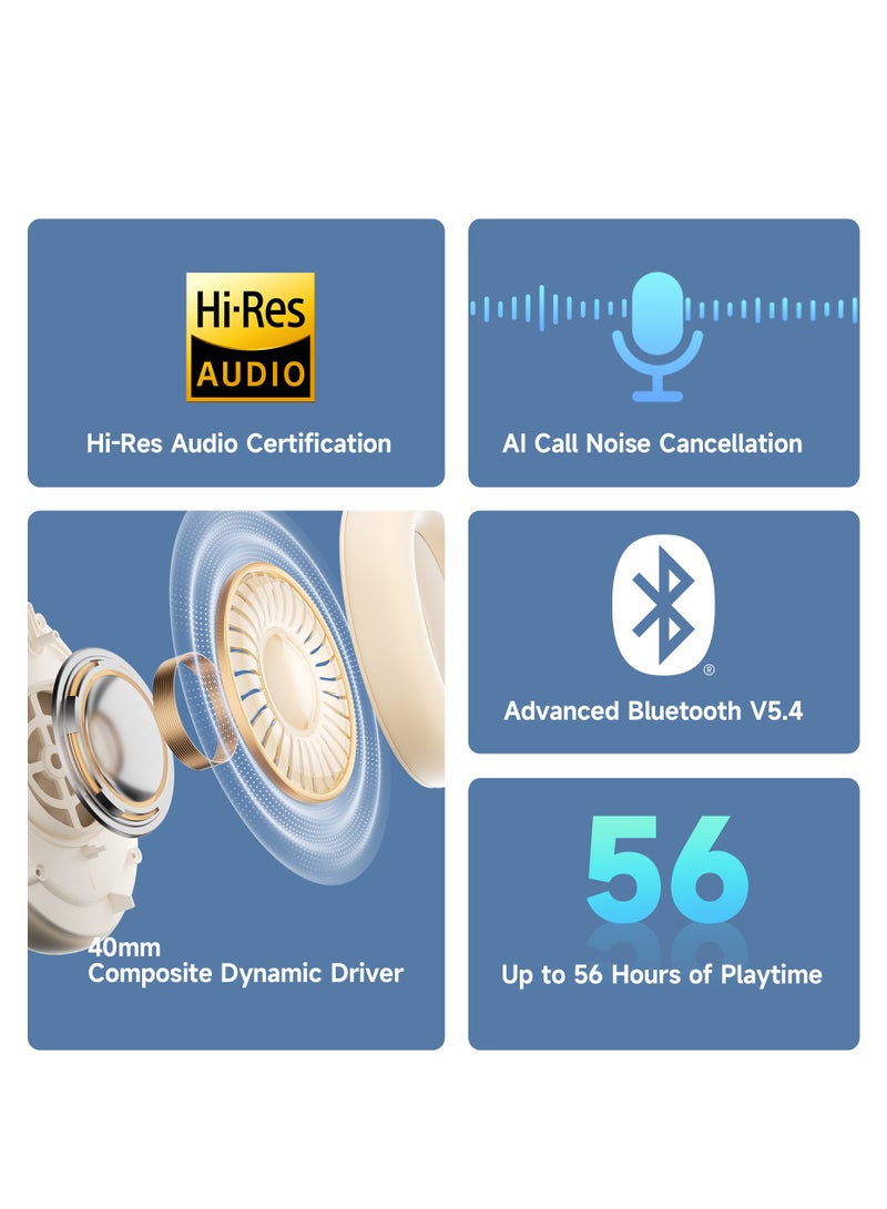 Wireless Over-Ear Bluetooth Headphones – Hi-Res Sound, 40mm Dynamic Drivers, Titanium-Coated Diaphragm, 56H Battery Life, Adjustable Comfort Fit, Ultra-Low Latency Game Mode, Wired & Wireless Use Ivory
