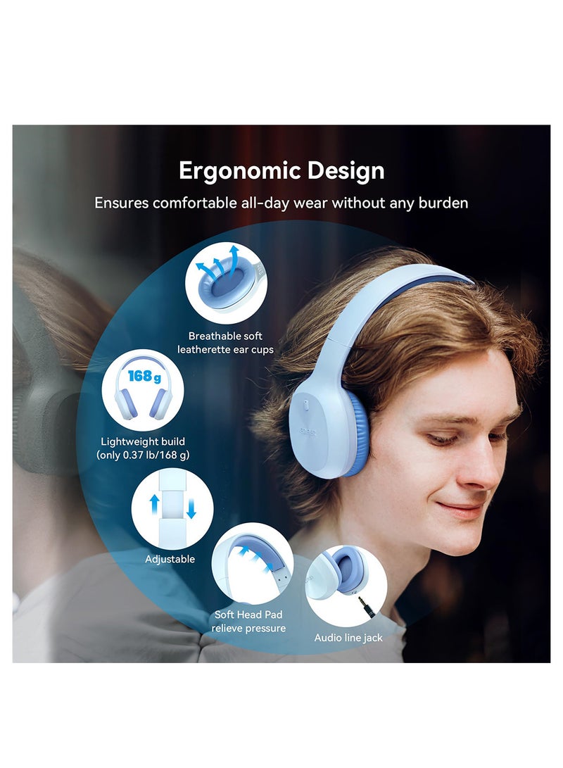 Wireless On-Ear Headphones, 30H Battery, Minimalist design, Powerful Bass, Built-In Microphone, Fast Charge Blue