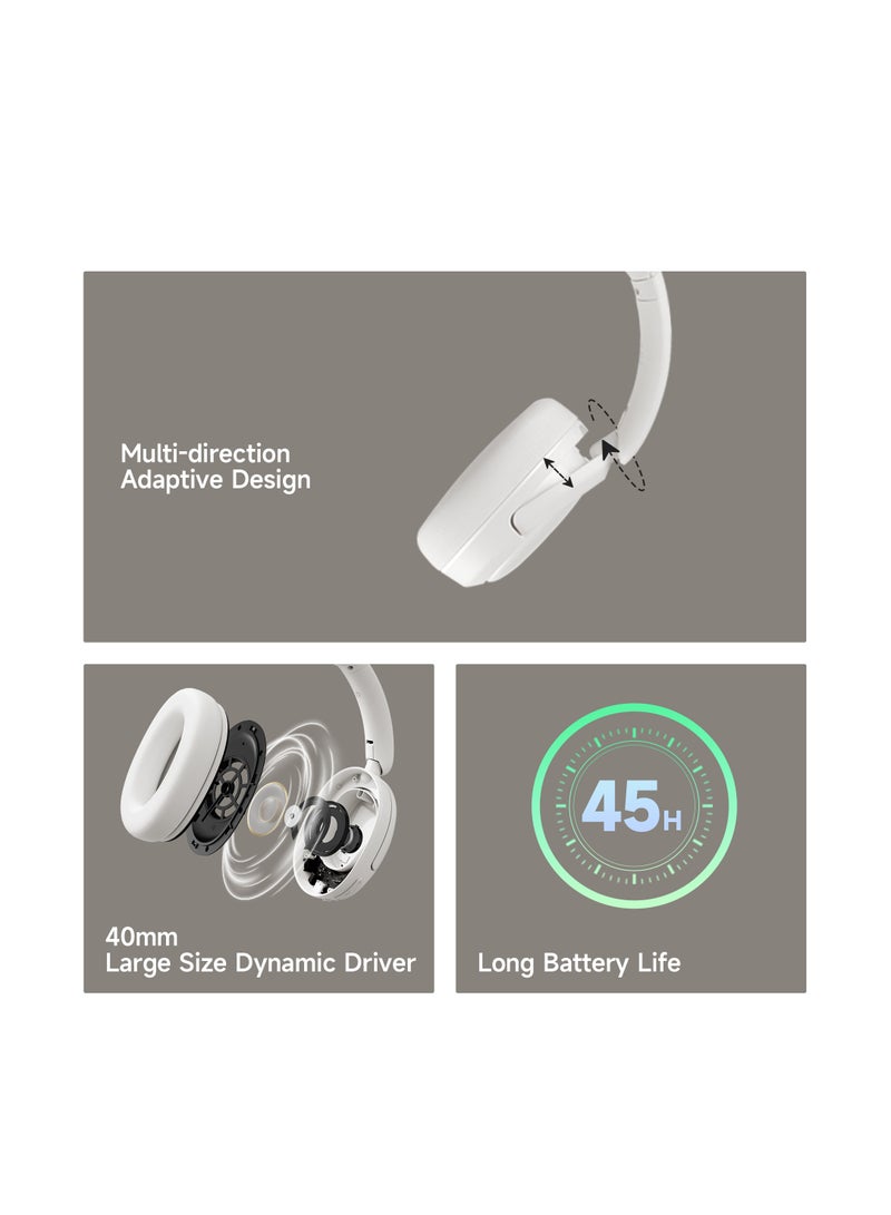Wireless Over-Ear Bluetooth Headphones – Bluetooth 5.4, Foldable & Lightweight, 45H Battery Life, 40mm Drivers, Low Latency White
