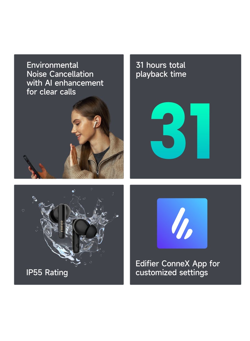 X5 pro Active Noise Cancelling Bluetooth Earbuds, 31H Playtime, AI-Enhanced Calls, Fast Charge, IP55 Waterproof, Powerful bass, Low Latency Game Mode Grey