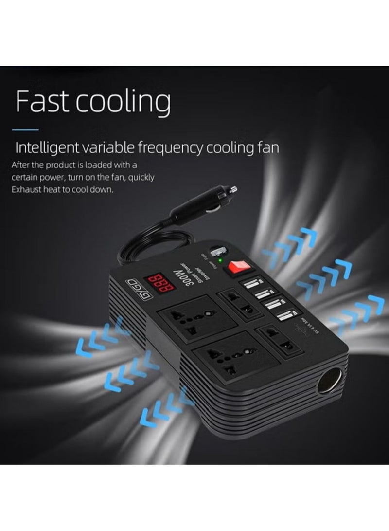 300W Car Power Inverter DC 12V/24V to 220V AC with 4 USB Ports Fast Charging with 2 Universal Sockets with Multifunctional LED Display Photovoltaic Inverter