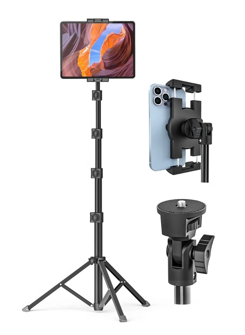 Tablet Floor Tripod Stand 62 inch Height Adjustable Holder with 360° Rotating Phone Tripod Mount & 1/4'' Screw for iPad Pro 12.9 Air Mini, iPhone, 4-13