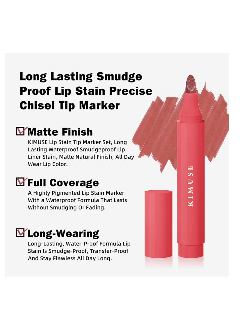 KIMUSE Lip Stain Tip Marker Set, Long Lasting Waterproof Smudgeproof Lip Liner Stain, Matte Natural Finish, All Day Wear Lip Color (Sunset Nudes)