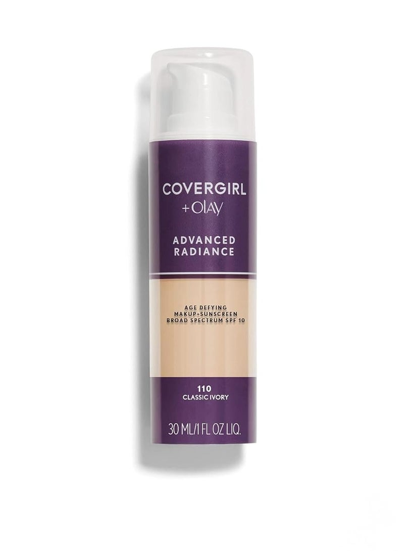 COVERGIRL Advanced Radiance Age Defying Liquid Foundation in Classic Ivory, Hides Wrinkles & Lines, Sensitive Skin Safe, Packaging May Vvary