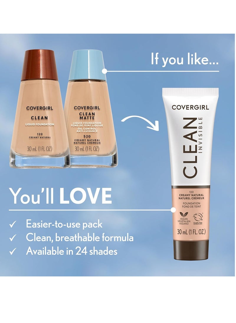 CoverGirl Clean Invisible, Creamy Natural, Foundation, Blendable Formula, Buildable Coverage, Lightweight, Natural Finish, Non-Comedogenic, 1oz