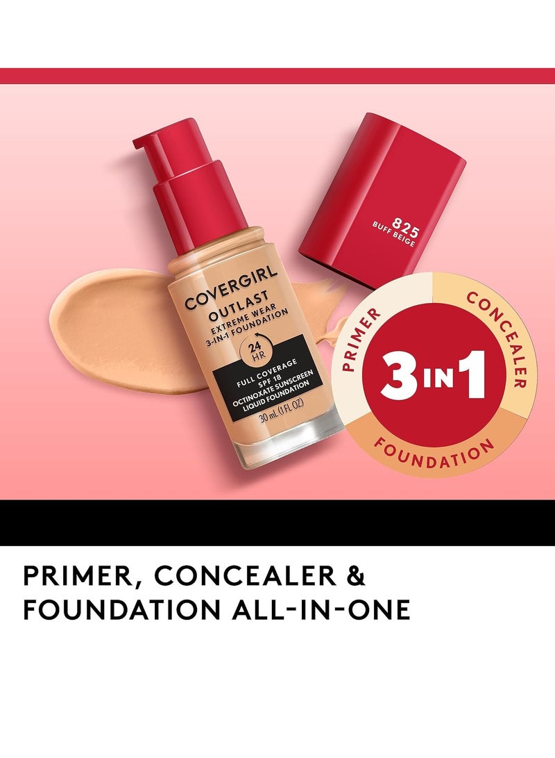 Covergirl Outlast Extreme Wear 3-in-1 Full Coverage Liquid Foundation, SPF 18 Sunscreen, Classic Ivory, 1 Fl. Oz.