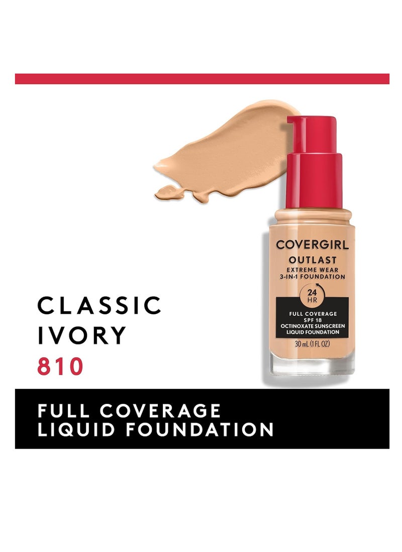 Covergirl Outlast Extreme Wear 3-in-1 Full Coverage Liquid Foundation, SPF 18 Sunscreen, Classic Ivory, 1 Fl. Oz.