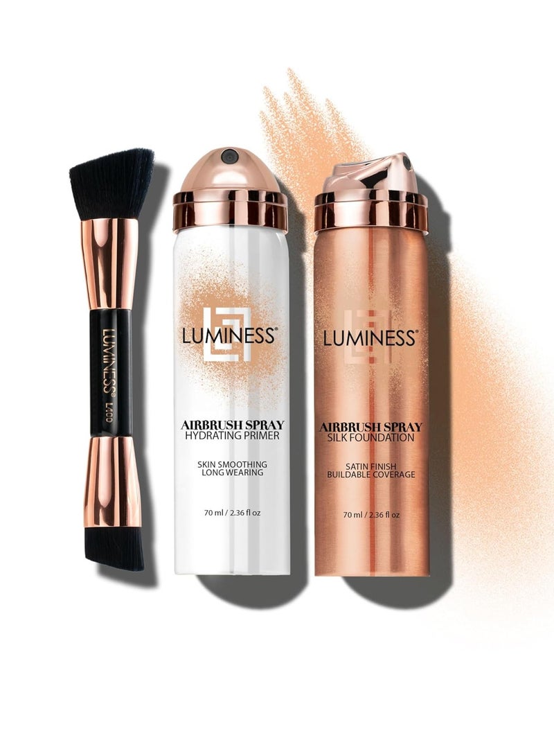 LUMINESS Airbrush Spray Silk Foundation Starter Kit - Light Medium - Foundation, Primer & Dual-Sided Angled Buffing Brush - Medium, Buildable Coverage, Anti-Aging Formula Hydrates & Moisturizes