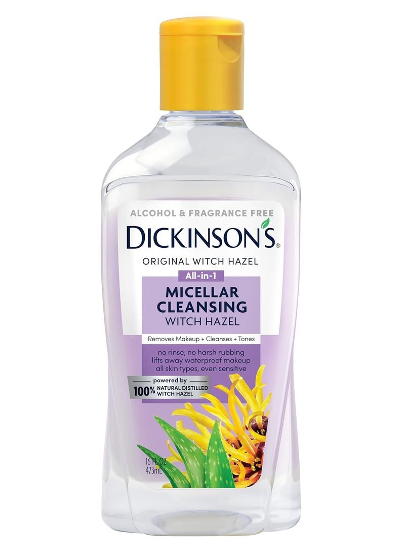 Dickinson's Micellar Cleansing Witch Hazel, An All-in-1 Makeup Remover, Pore Refiner, Skin Cleanser and Toner; Alcohol Free with Aloe, for Sensitive Skin, 16oz