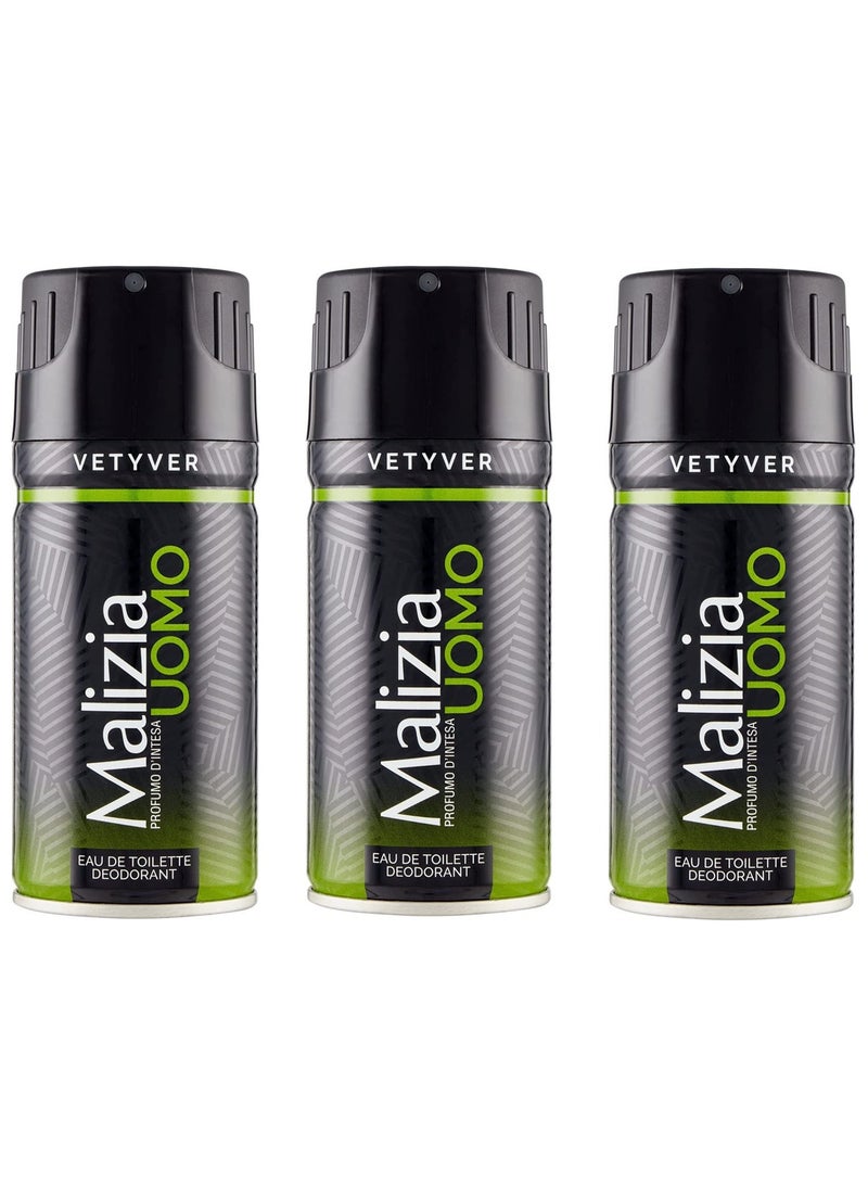 Malizia Uomo Deo Vetyver Body Spray 150 ml (Pack of 3)