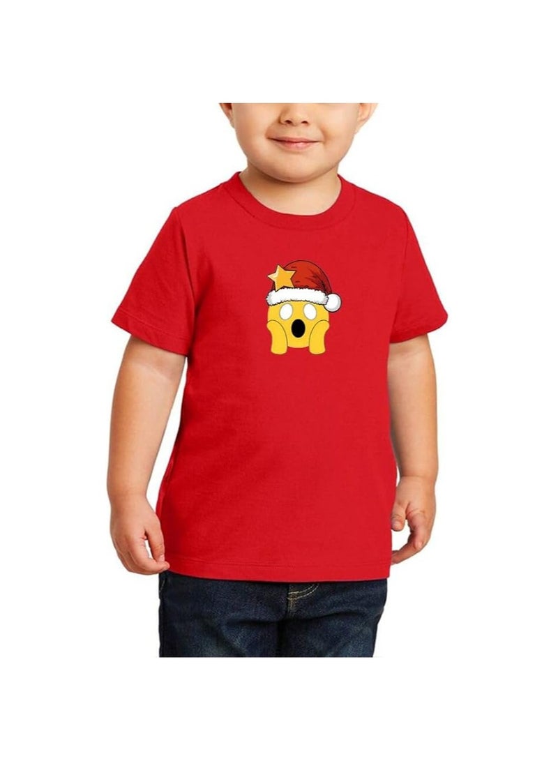 Christmas Emoji Kids Red T-Shirt For Boys–Soft Cotton Round Neck Short Sleeve T-Shirt With Smiley Face Emoji–Great For Parties