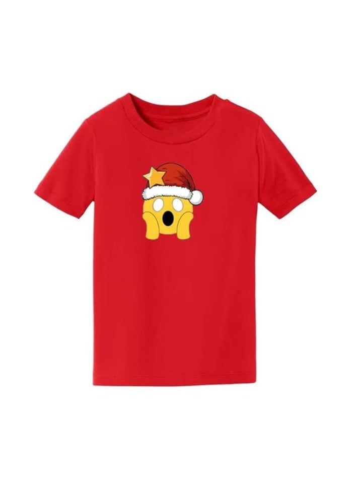 Christmas Emoji Kids Red T-Shirt For Boys–Soft Cotton Round Neck Short Sleeve T-Shirt With Smiley Face Emoji–Great For Parties