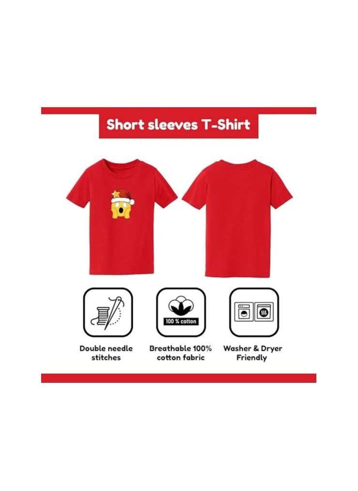 Christmas Emoji Kids Red T-Shirt For Boys–Soft Cotton Round Neck Short Sleeve T-Shirt With Smiley Face Emoji–Great For Parties