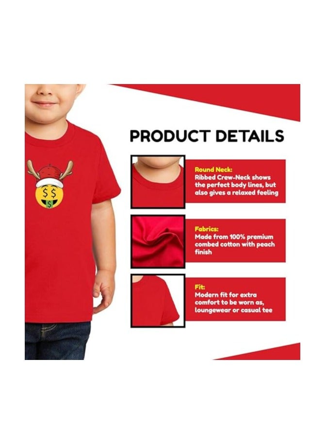 Christmas Emoji Kids Red T-Shirt For Boys–Soft Cotton Round Neck Short Sleeve T-Shirt With Smiley Face Emoji–Great For Parties