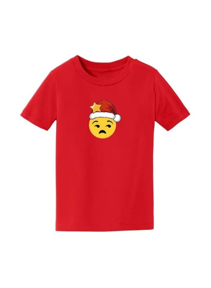 Christmas Emoji Kids Red T-Shirt For Boys–Soft Cotton Round Neck Short Sleeve T-Shirt With Smiley Face Emoji–Great For Parties