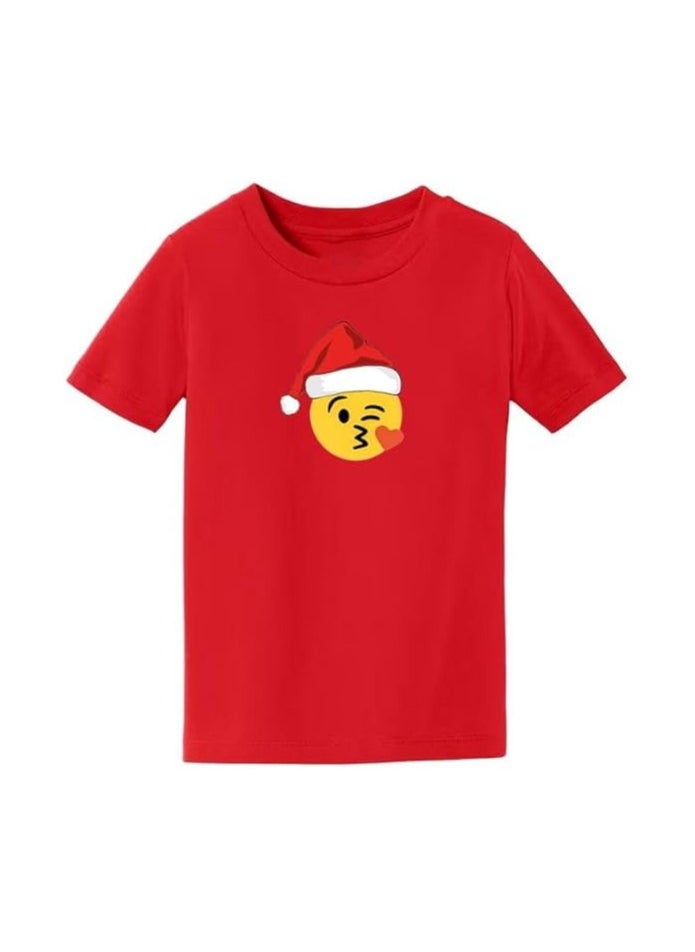 Christmas Emoji Kids Red T-Shirt For Boys–Soft Cotton Round Neck Short Sleeve T-Shirt With Smiley Face Emoji–Great For Parties