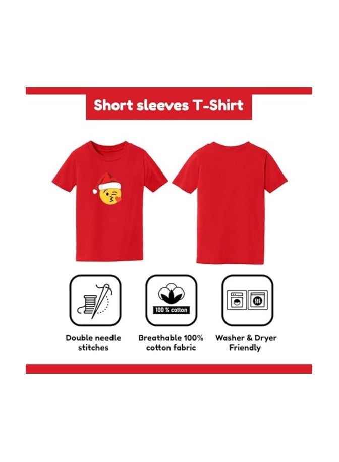 Christmas Emoji Kids Red T-Shirt For Boys–Soft Cotton Round Neck Short Sleeve T-Shirt With Smiley Face Emoji–Great For Parties