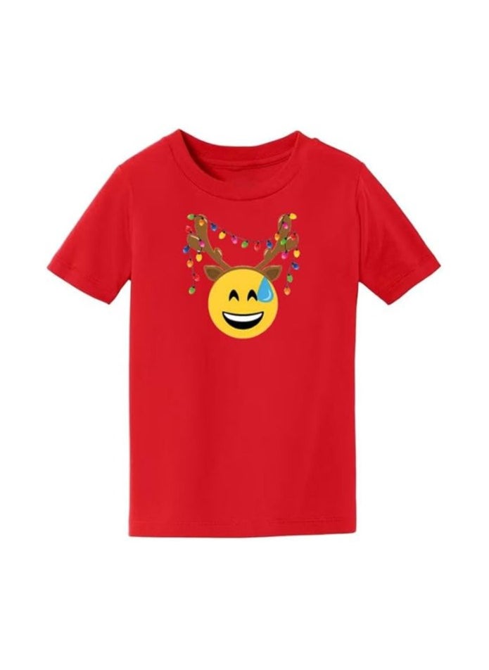 Christmas Emoji Kids Red T-Shirt For Boys–Soft Cotton Round Neck Short Sleeve T-Shirt With Smiley Face Emoji–Great For Parties