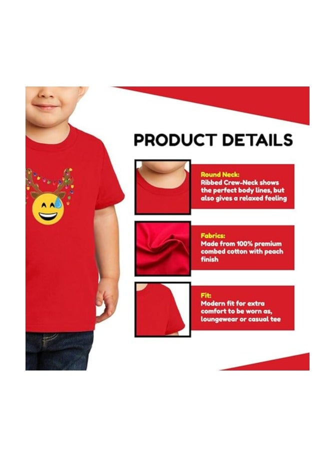 Christmas Emoji Kids Red T-Shirt For Boys–Soft Cotton Round Neck Short Sleeve T-Shirt With Smiley Face Emoji–Great For Parties