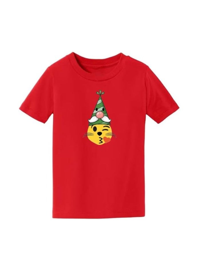 Christmas Emoji Kids Red T-Shirt For Boys–Soft Cotton Round Neck Short Sleeve T-Shirt With Smiley Face Emoji–Great For Parties