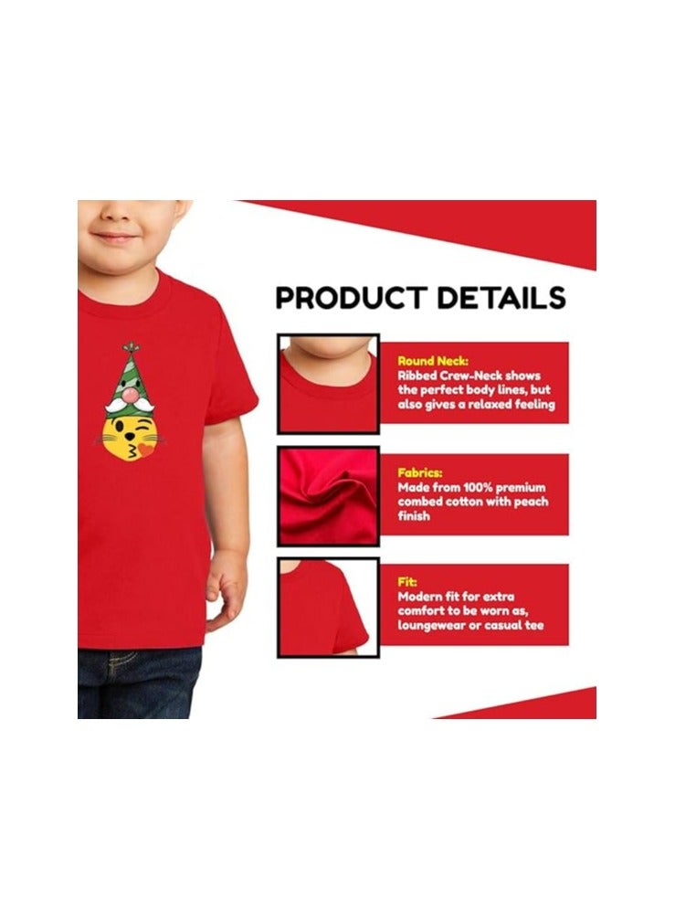 Christmas Emoji Kids Red T-Shirt For Boys–Soft Cotton Round Neck Short Sleeve T-Shirt With Smiley Face Emoji–Great For Parties