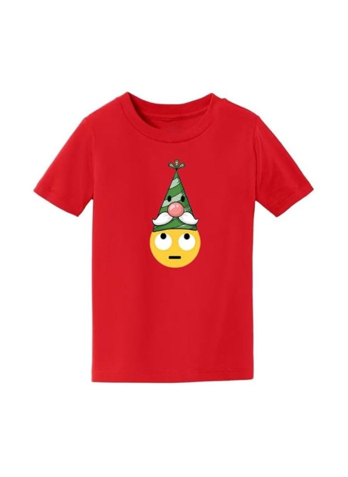 Christmas Emoji Kids Red T-Shirt For Boys–Soft Cotton Round Neck Short Sleeve T-Shirt With Smiley Face Emoji–Great For Parties