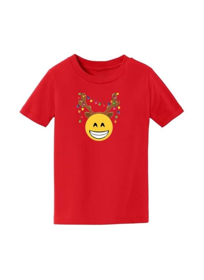 Christmas Emoji Kids Red T-Shirt For Boys–Soft Cotton Round Neck Short Sleeve T-Shirt With Smiley Face Emoji–Great For Parties