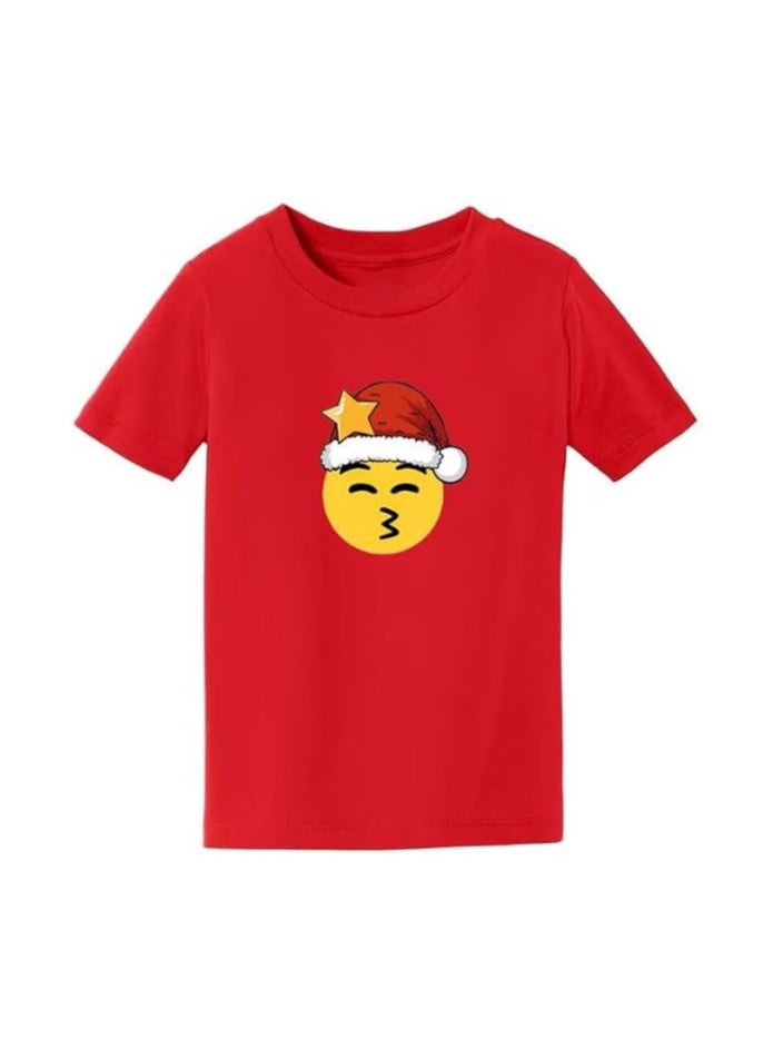 Christmas Emoji Kids Red T-Shirt For Boys–Soft Cotton Round Neck Short Sleeve T-Shirt With Smiley Face Emoji–Great For Parties