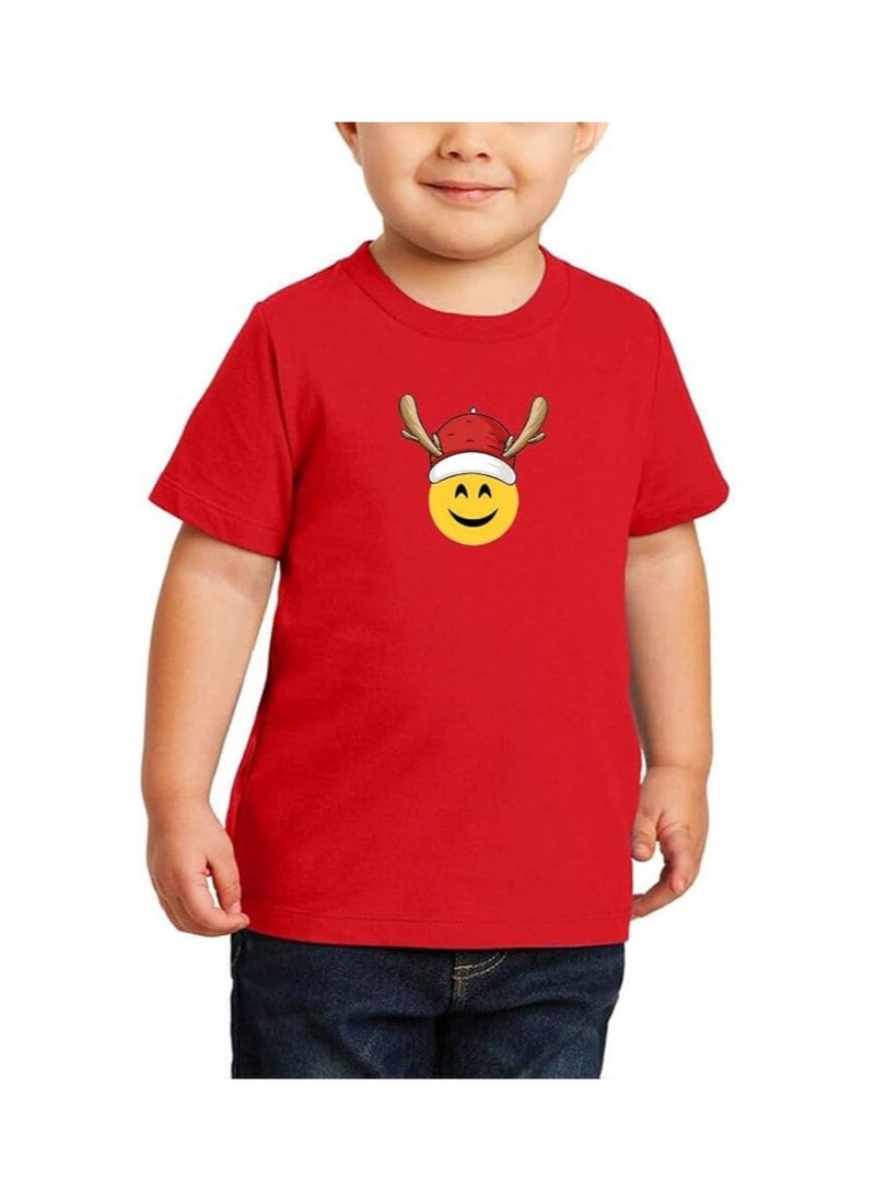 Christmas Emoji Kids Red T-Shirt For Boys–Soft Cotton Round Neck Short Sleeve T-Shirt With Smiley Face Emoji–Great For Parties