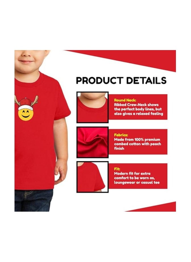 Christmas Emoji Kids Red T-Shirt For Boys–Soft Cotton Round Neck Short Sleeve T-Shirt With Smiley Face Emoji–Great For Parties