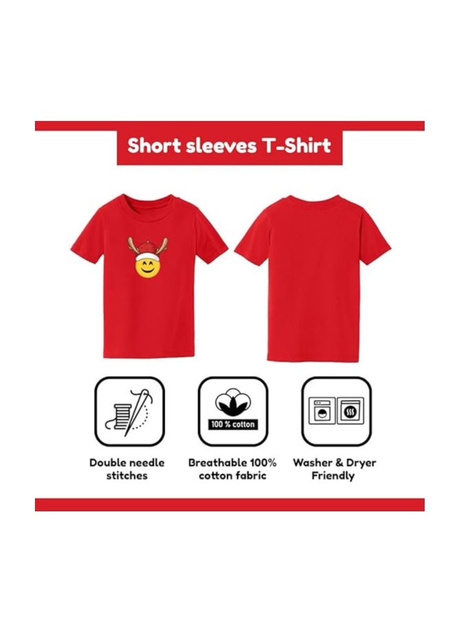 Christmas Emoji Kids Red T-Shirt For Boys–Soft Cotton Round Neck Short Sleeve T-Shirt With Smiley Face Emoji–Great For Parties